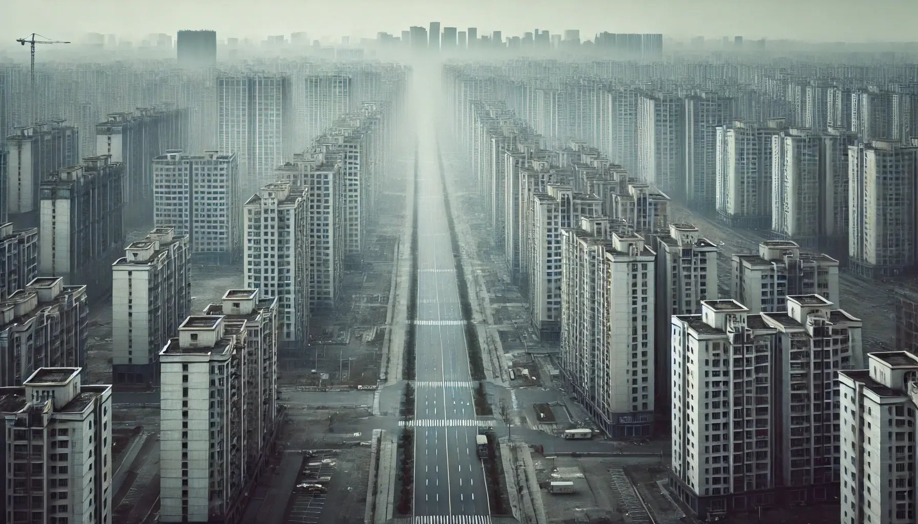 DALL·E 2024-10-29 15.17.44 - A sprawling, empty Chinese city with rows of modern, high-rise buildings. The city is desolate, with no people in sight, and the streets are eerily qu